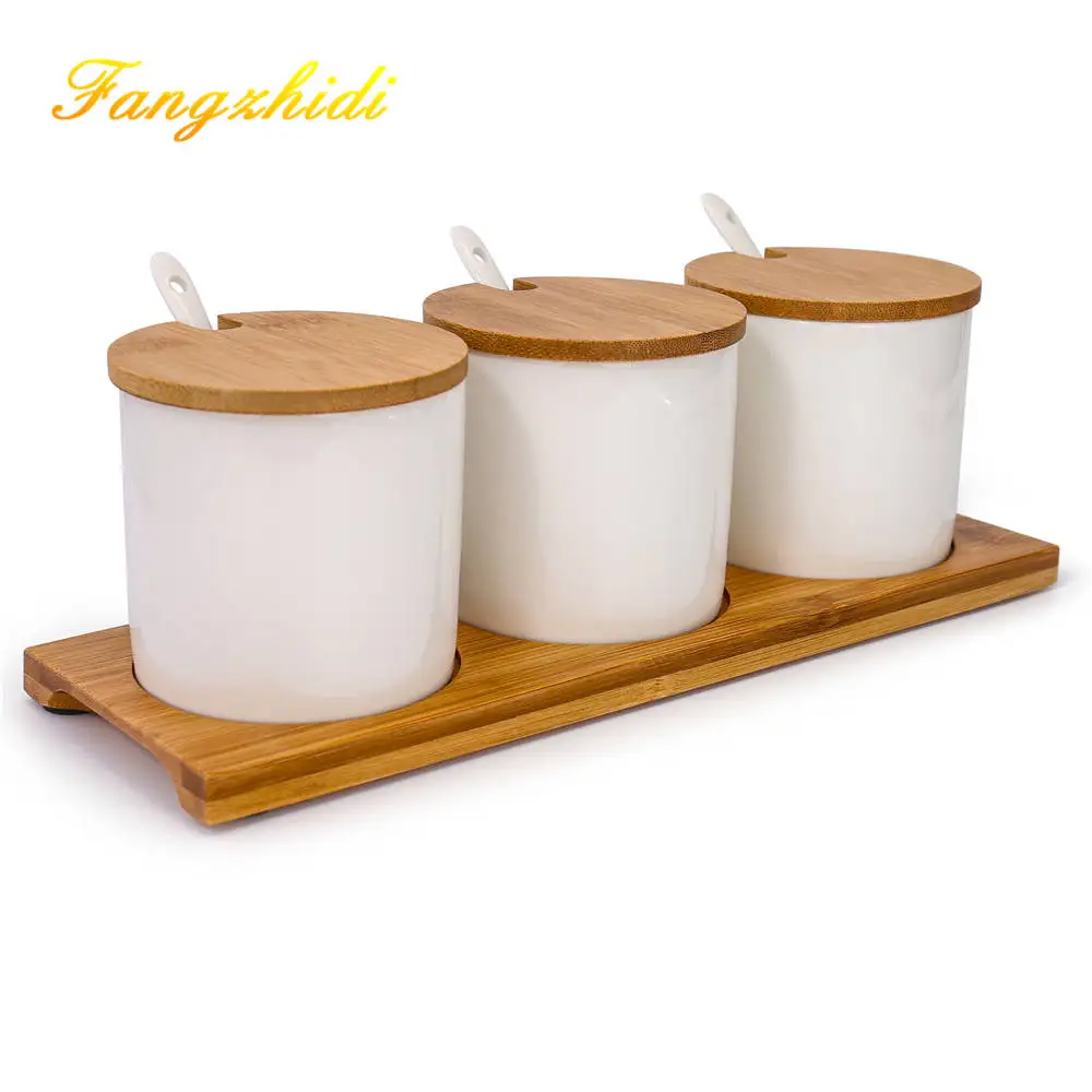 Modern Elegant 3 Piece Ceramic Condiment Cups Pot Jars Set Food Storage
