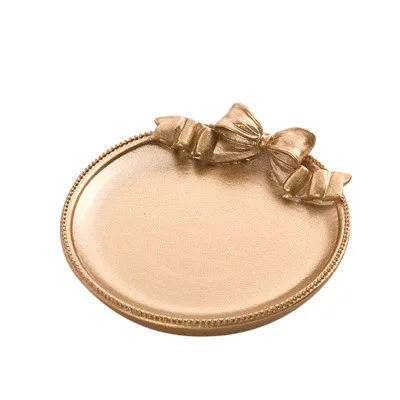 Small Bow Jewelry Dish Ring Necklace Storage Tray Trinket Dish Ring Candy Holder Bracelet Plate Square Gold - Цвет: Golden Round