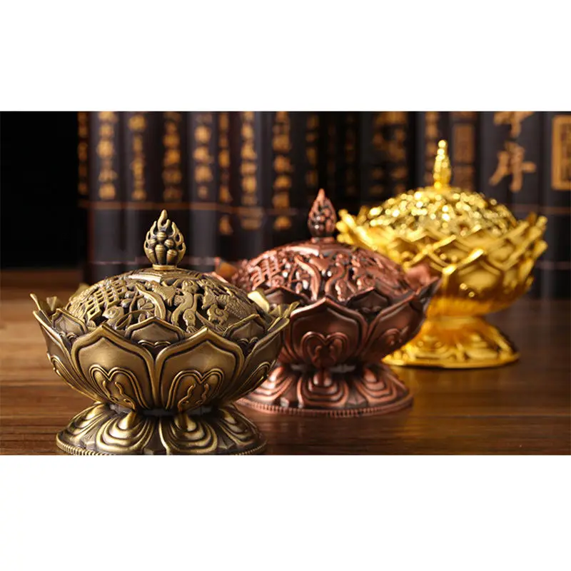 JX-LCLYL Alloy Chinese Lotus Hollow Cover Incense Burner Aromatherapy Censer Cone Holder
