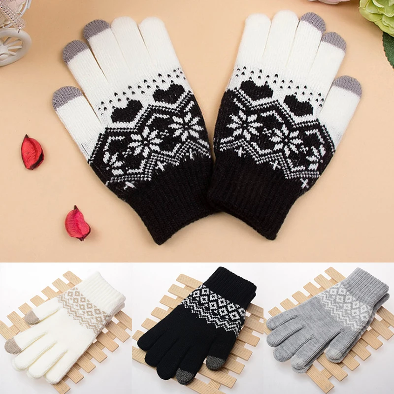 

LNRRABC 7Colors High Quality Women Men Winter Snowflakes Gloves Touch Screen Stretch Knit Warm Thicker Pashmina keep Warm Glove