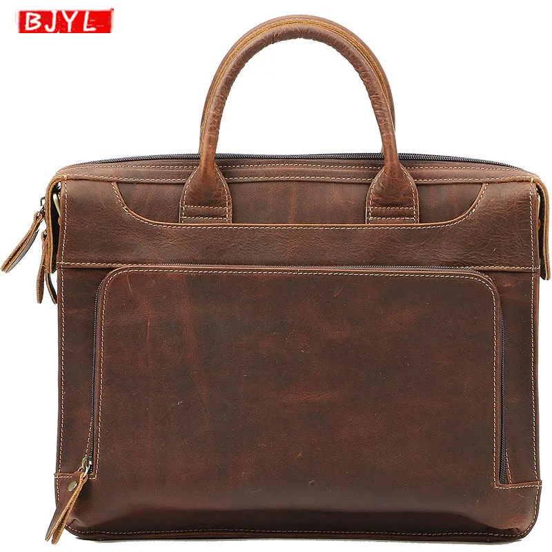 

Men's Crazy horse skin briefcases cross section business genuine leather laptop handbag casual shoulder bag portable briefcase