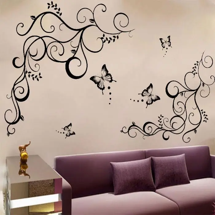 Виниловые наклейки на стену с мультяшными бабочками, цветами, листьями, настенное украшение, художественная наклейка «сделай сам» для гостиной, домашнего декора, наклейки на стену