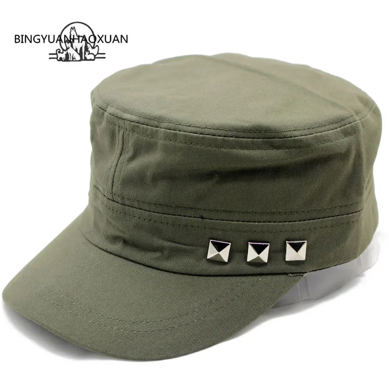 

BINGYUANHAOXUAN Men Baseball Caps Rivet Logo Flat Top Hats Cotton Snapback Flat Cap Army Cadet Hat Women Gorros Hombre Hip Hop