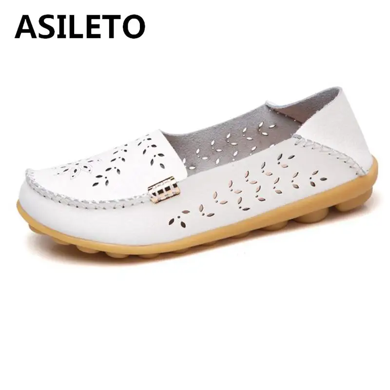 Asileto балетки Летние кожаные туфли с вырезами, Для женщин кожи; водонепроницаемые женские мокасины на Туфли без каблуков гибкий круглый носок медсестра Повседневное модные лоаферы, ShoesT141
