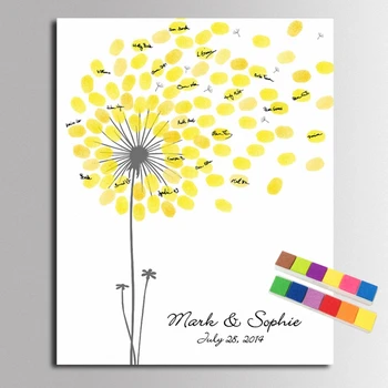 

Baby Shower Fingerprint painting Wedding Gifts Guest Book Yellow Dandelion Canvas Fingerprint Painting Baptism first communion