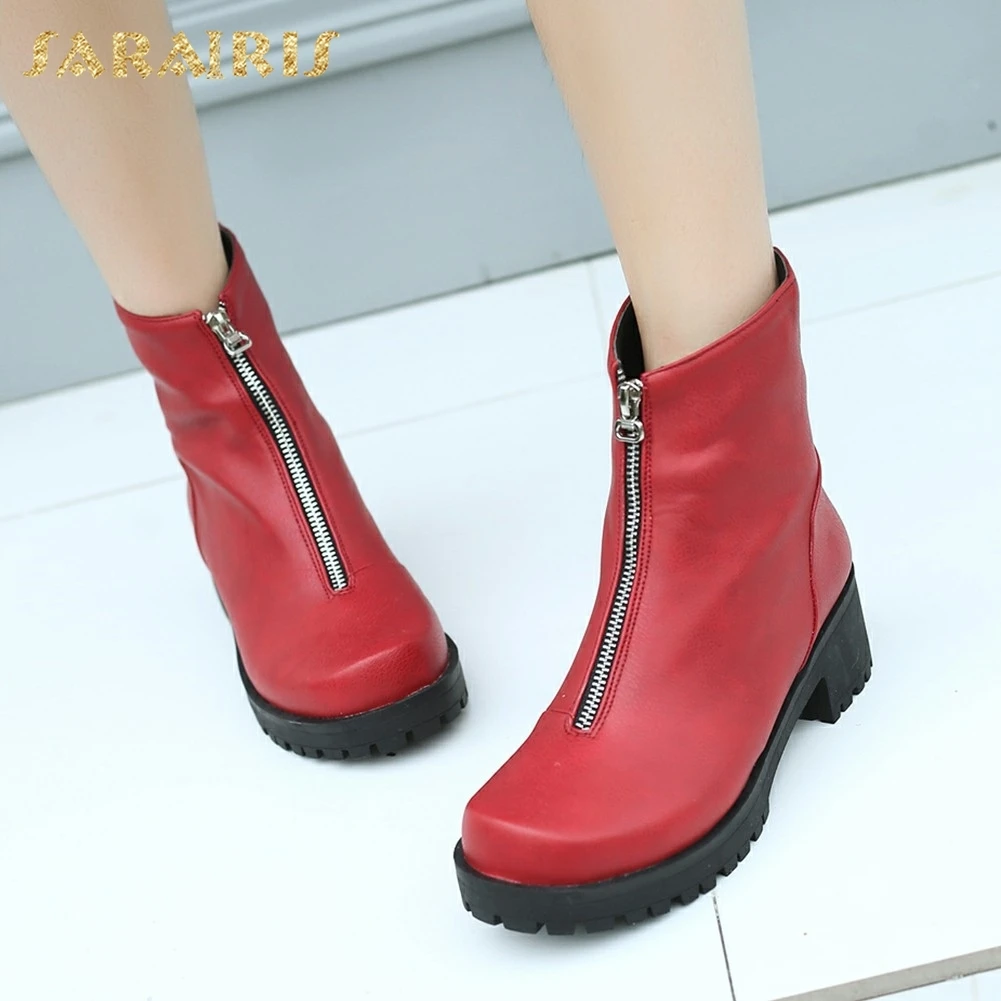 

SARAIRIS plus Size 34-43 New Fashion Winter Boots Woman Shoes Square Heels Zip Up Ankle Boots Platform Shoes Woman
