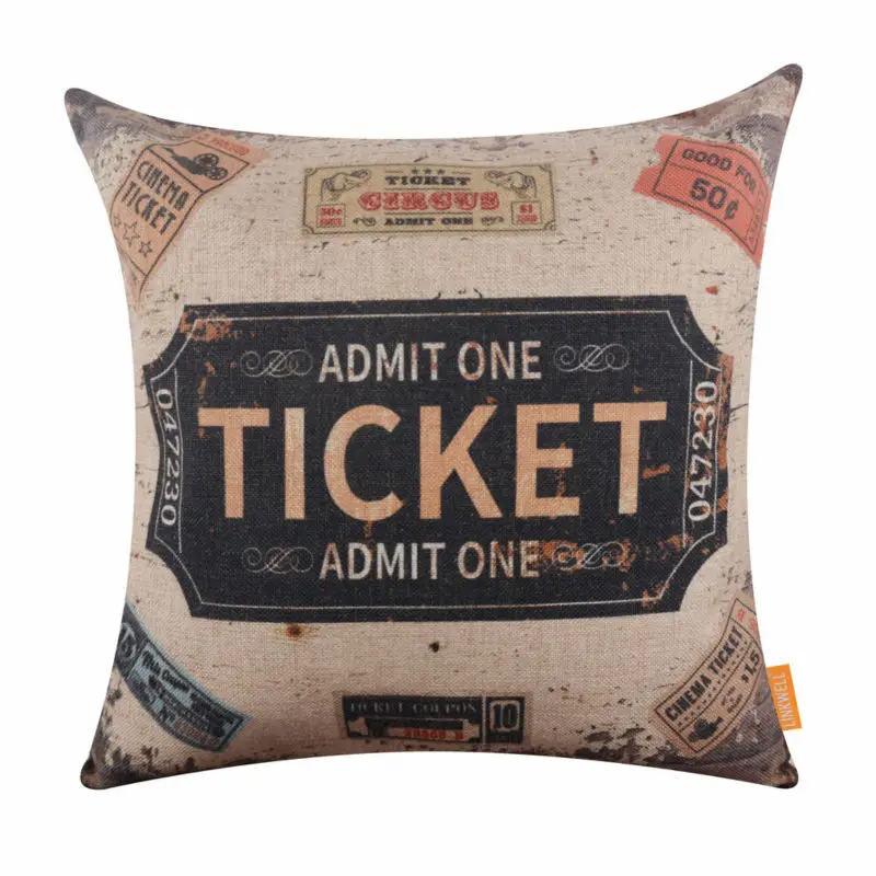 

LINKWELL 18"x18" Vintage Retro Cinema Ticket Admit One Room Relax Burlap Decorative Pillowcase Decorative Cojines Cushion Cover