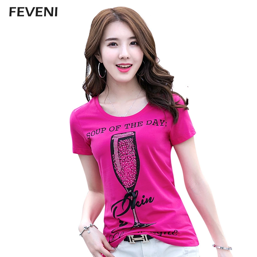 

Women T-shirt 2018 Tees Cotton Tshirt Short Sleeves Crewneck Red Wine Glass Champagne Letter Camisas Femininas Tops Y03205