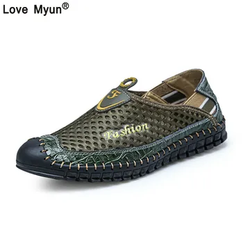 

Summer New Casual Shoes Men Sneakers Breathable Leather Mesh Fashion Driving Shoes Comfortable Soft Hand Made Men Loafers