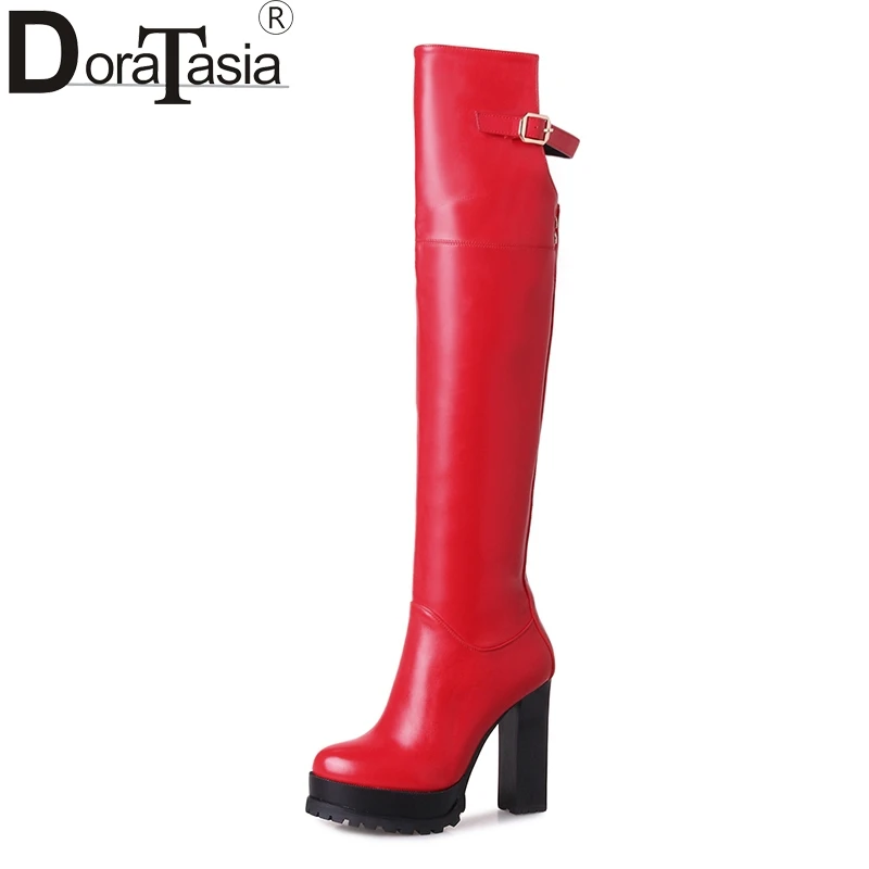 

DoraTasia New Large Size 33-43 2018 High Heels Platform Woman Shoes Women knee-high Boots Black Red Top Quality