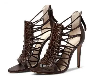 

Moraima snc 2019 summer new Dark Brown Strappy Sandals Open Toe Alligator Print Stiletto Heels