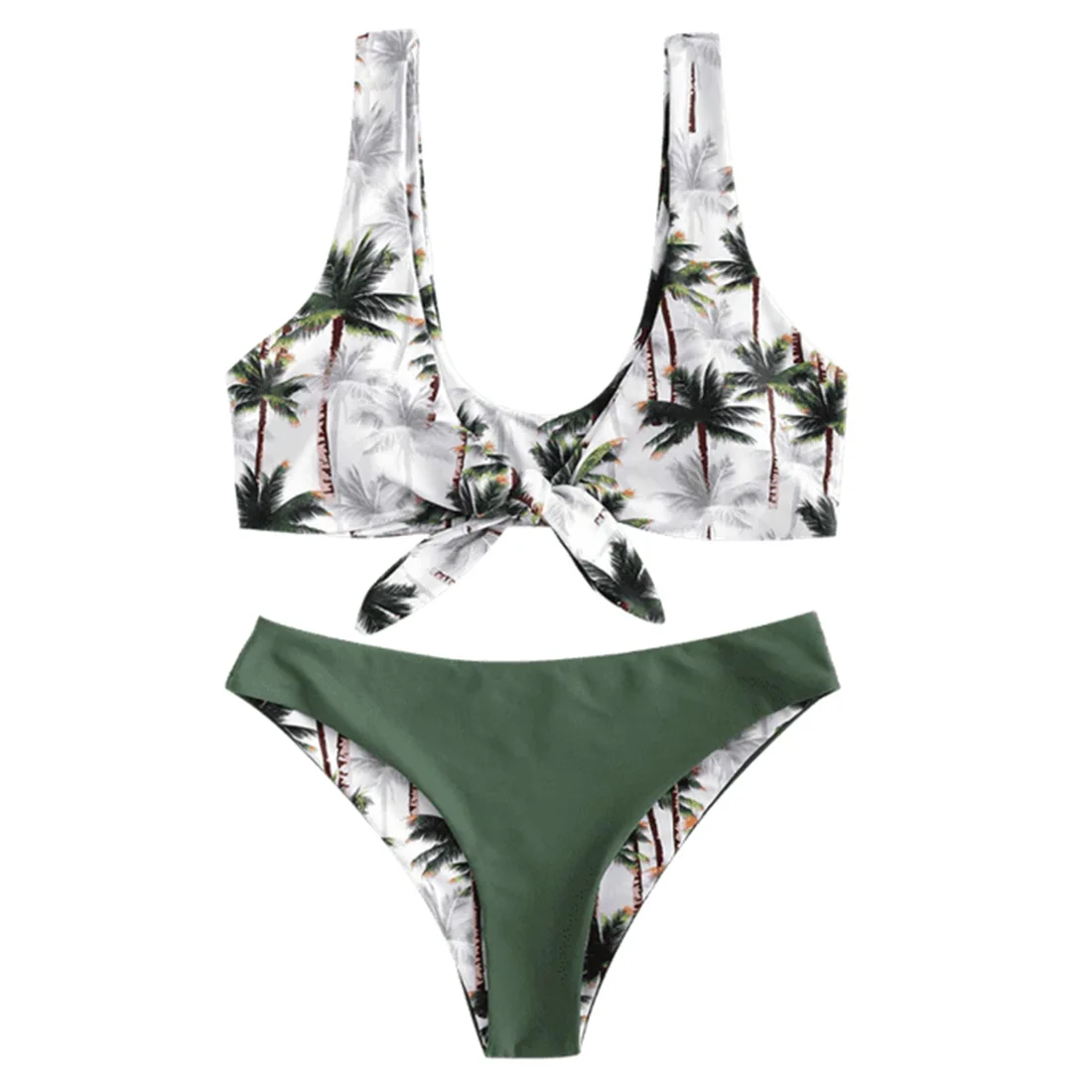 

Beach Panties Soft Swimming Summer Seaside Coconut Tree Sexy Split Swimsuit Bathing Suit Printed Padded Bra High Cut Bikini Set