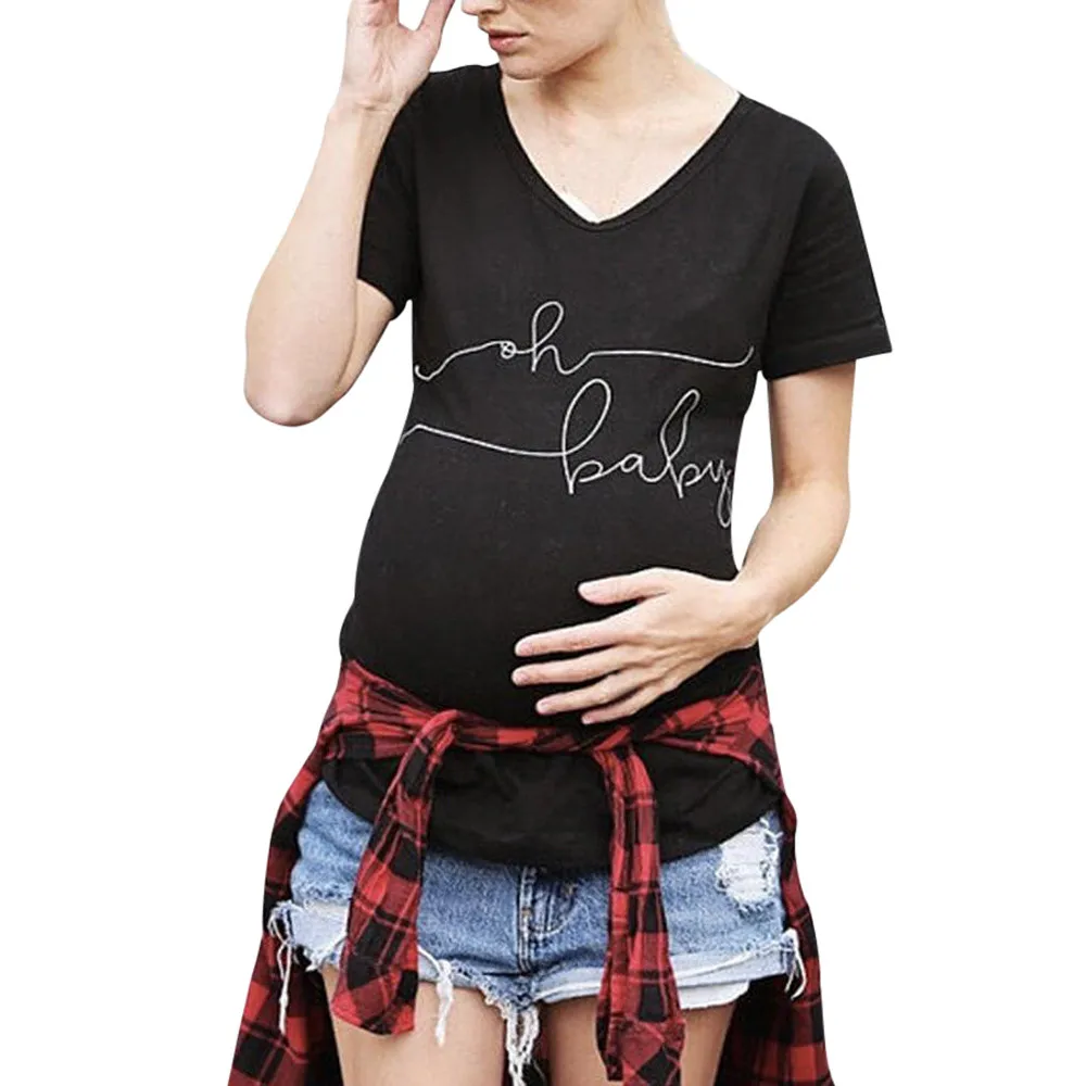 

SAGACE Summer Leeter Print Ladies Maternity Tops Loose Top Women T Shirts Maternity Clothing Casual V Neck Tops For Maternity