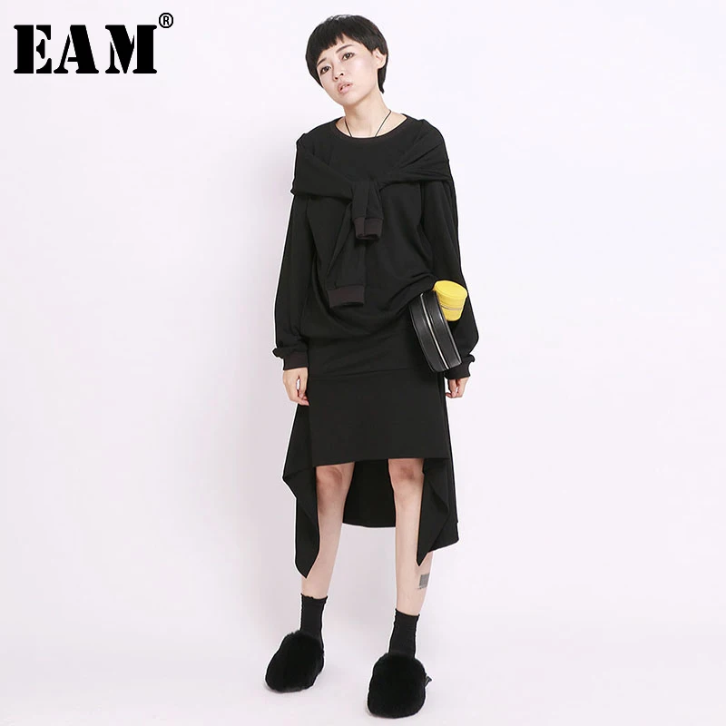 

[EAM] 2019 New Spring Round Neck Logn Sleeve Black Personality Stitching Loose Big Size Sweatshirt Women Fashion JH716