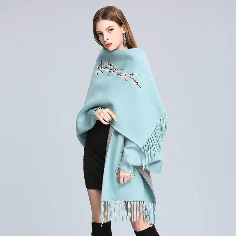 

High Quality Original Brand 2017 New Winter Plum Embroidered with Cashmere Knitted Cloak Thickened Fringed Shawl Cardigan Female
