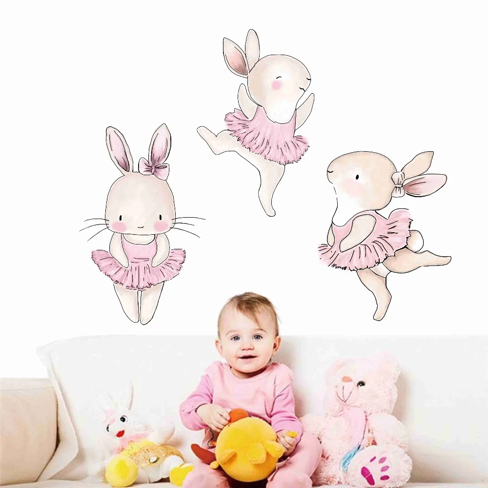 

Cartoon Cute Pink Rabbits Dancing Wall Art Decals Vinyl Sticker For Kids Nursery Bedroom Modern Home Decor Removable Wallpaper