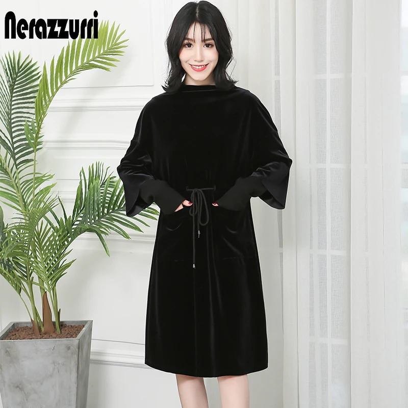 

Nerazzurri Ladies velvet dress with pockets women drawstring elegant ribbed long sleeve black red plus size midi dress 5xl 6xl
