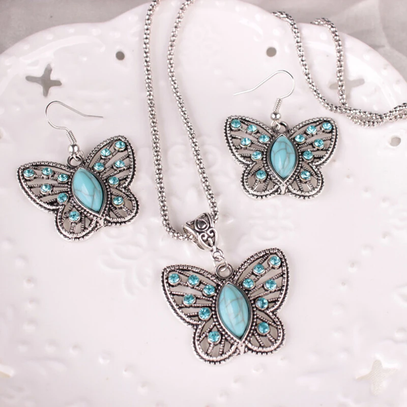 

Elegant Vintage Earrings Necklaces Butterfly Tortoise Crystal Jewelry Sets For Women Necklace Pendant Earrings Anniversary Gift