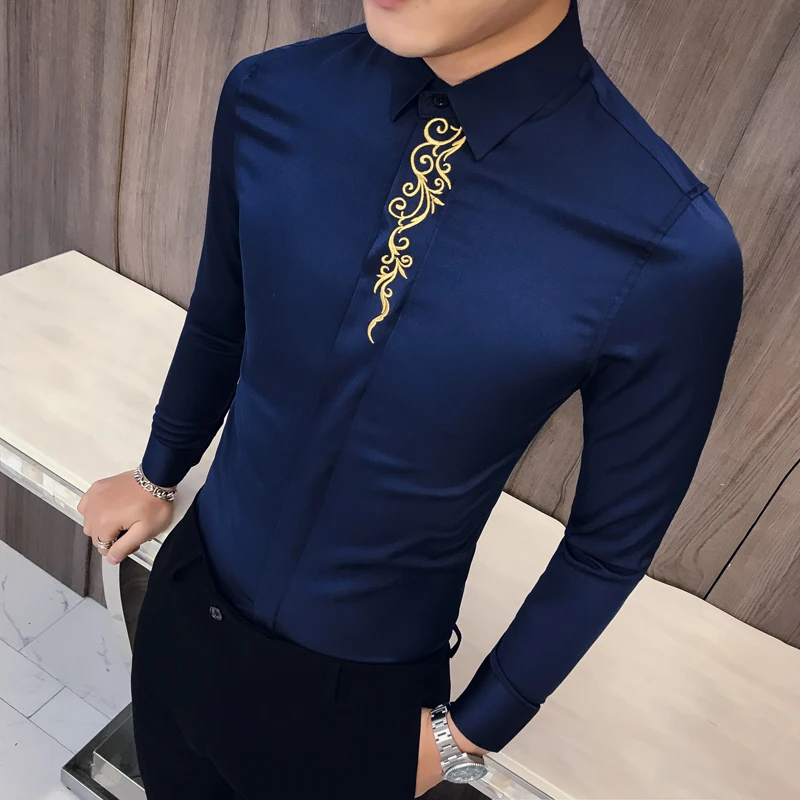 

Vintage Embroidery Shirt Men Brand New 2019 Long Sleeve Men Shirt Solid Simple Mens Casual Shirts Slim Fit Business Formal Wear