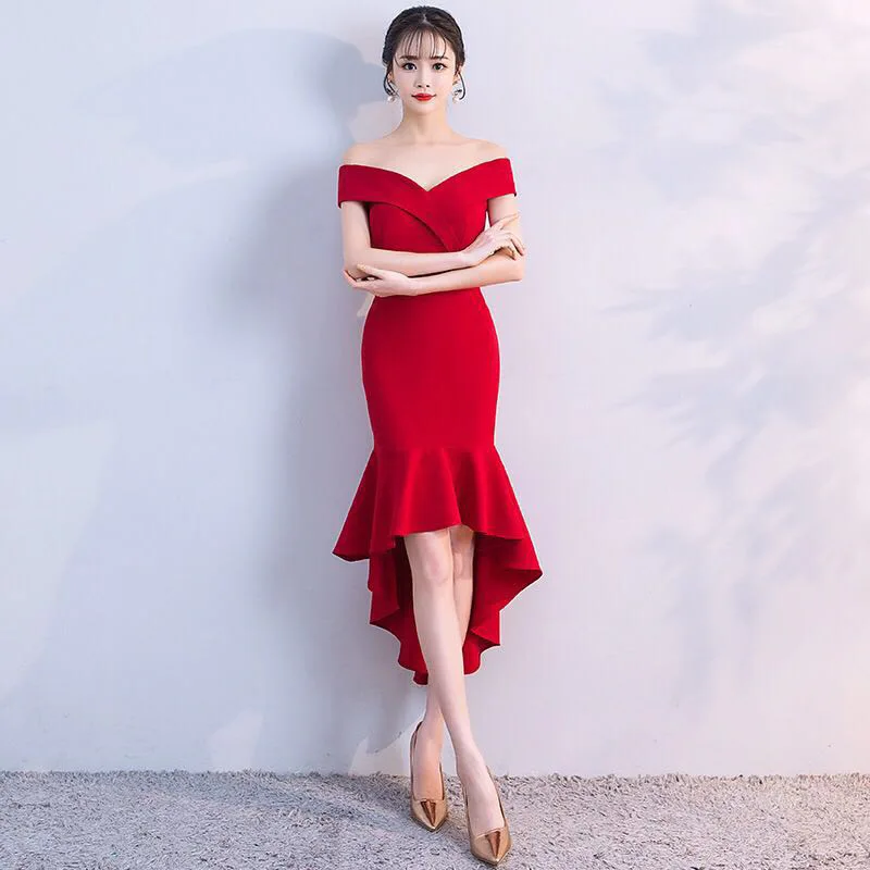 

2018 Ruffles Plus Size Limited Mermaid Evening Dresses High Low Boat Neck Red Formal Party Gown Vestido Robe De Soiree Festa