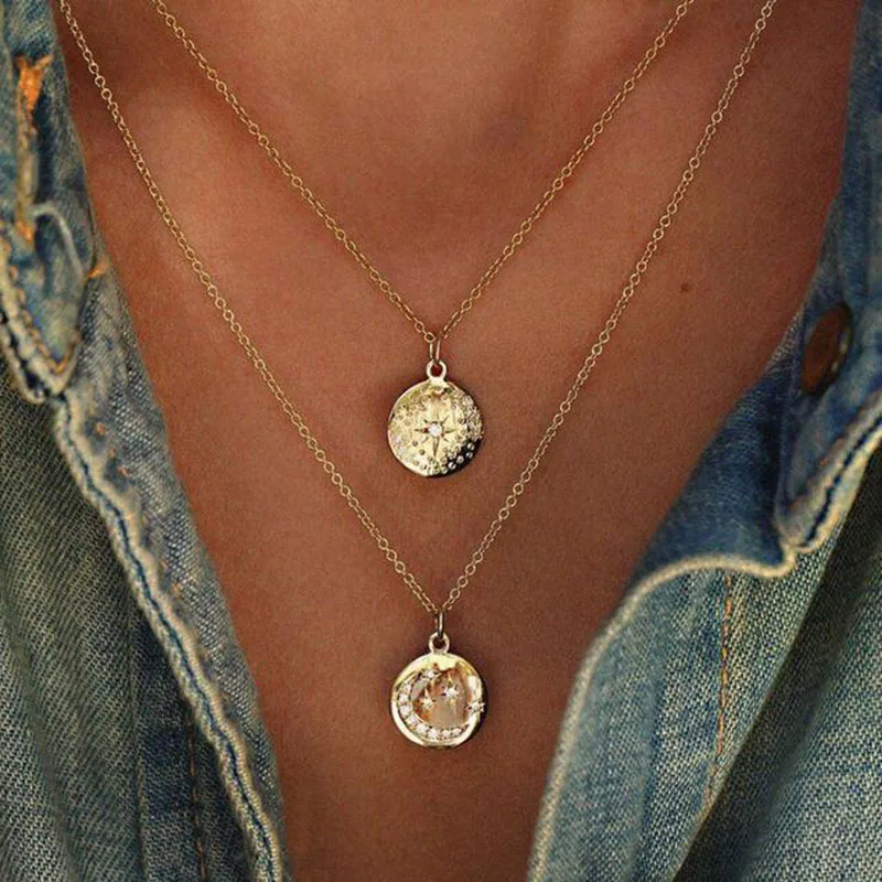 2018 Fashion Long Chain Bohemian Disc Polygon Moon Alloy Zircon Multilayer Necklace Pendant Summer Beach Woman's Jewelry | Украшения и