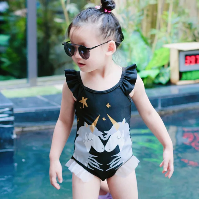 Baby Girl SwimSuits Hot INS Cartoon Unicorn Printed Kids Summer Black ...