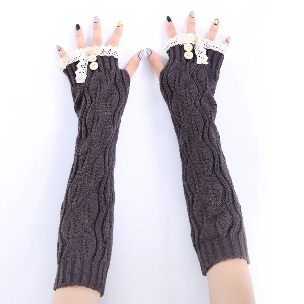 1 пара, модные женские зимние теплые однотонные Вязаные кружевные длинные перчатки без пальцев, варежки, высокое качество,, 18Nov - Цвет: Dark Gray