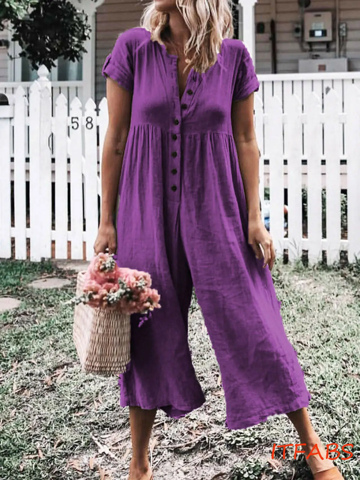 Женский летний однотонный боди с коротким рукавом, Свободный комбинезон на пуговицах, повседневные длинные штаны, комбинезоны размера плюс - Цвет: Фиолетовый