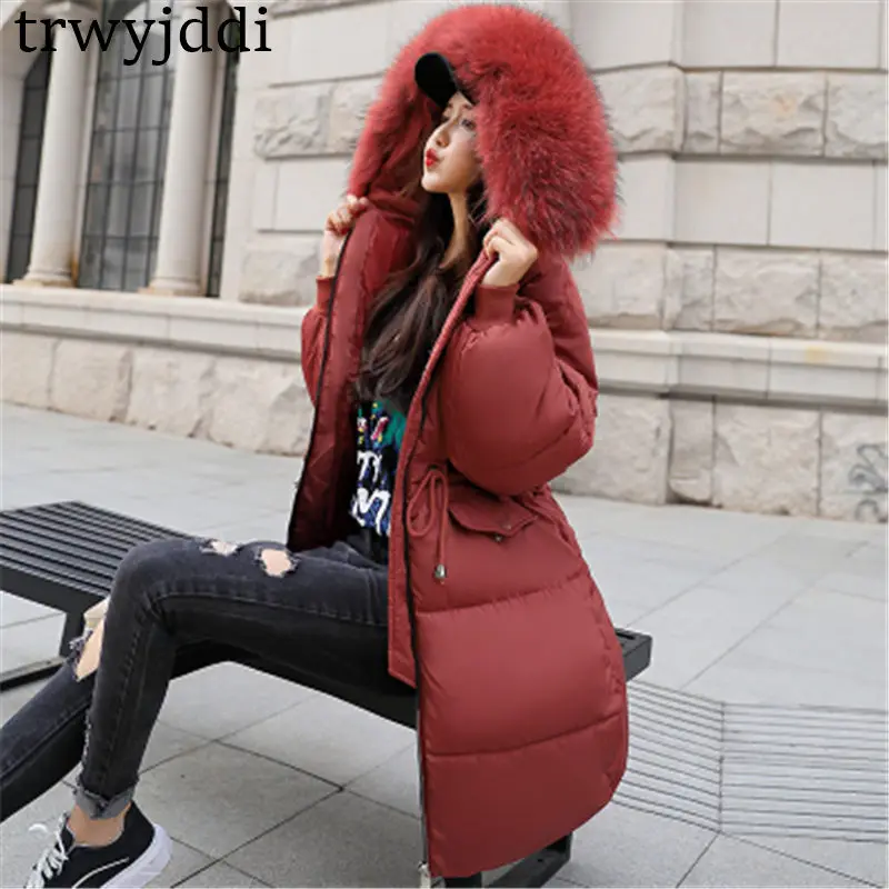 Новинка, женская одежда из хлопка, длинное зимнее приталенное тонкое хлопковое пальто, куртка с толстым большим меховым воротником, Свободные теплые парки, куртки A1124
