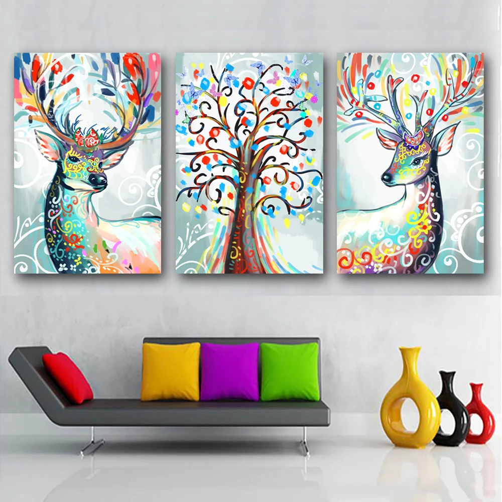 

Nordic Large Triptych Watercolor Deer Head Posters Abstract Print Animal Photo Canvas Painting No Frames Living Room Home Decor