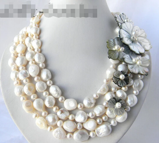 

FREE shipping4Strands 18'' 13mm White Round Baroque Freshwater Pearl Shell Flower Necklace