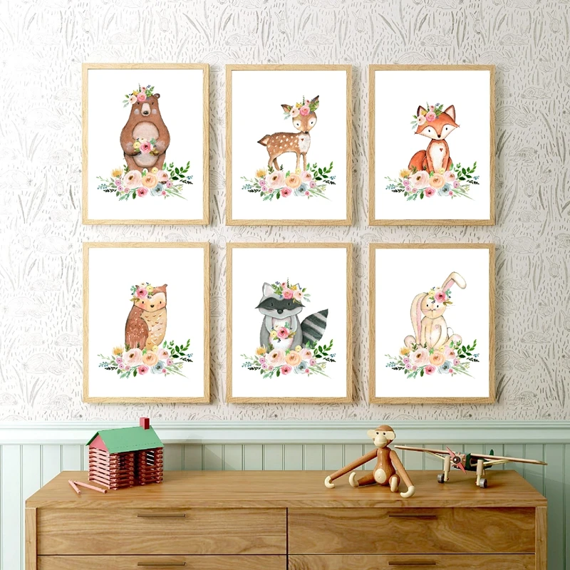 Woodland animals canvas print kids room decor