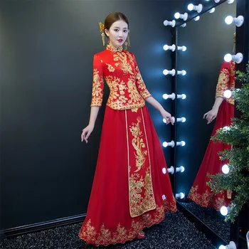 

Traditional Chinese Style Wedding Dress Noble Women Marriage Red Qipao Classic Phoenix&Flower Cheongsam Tosast Clothing 3XL