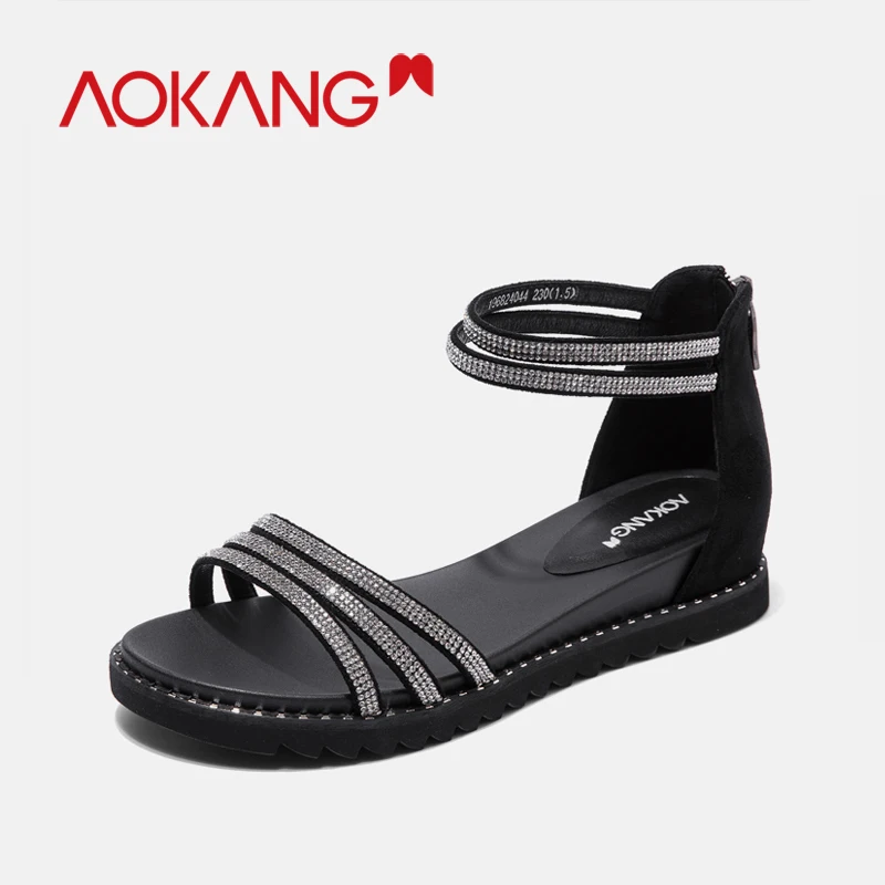

AOKANG Shoes Woman Sandals Summer New Ankle Strap Open Toe Shoes Platform Wedge Bling Gladiator Zipper Women Sandals Shoes