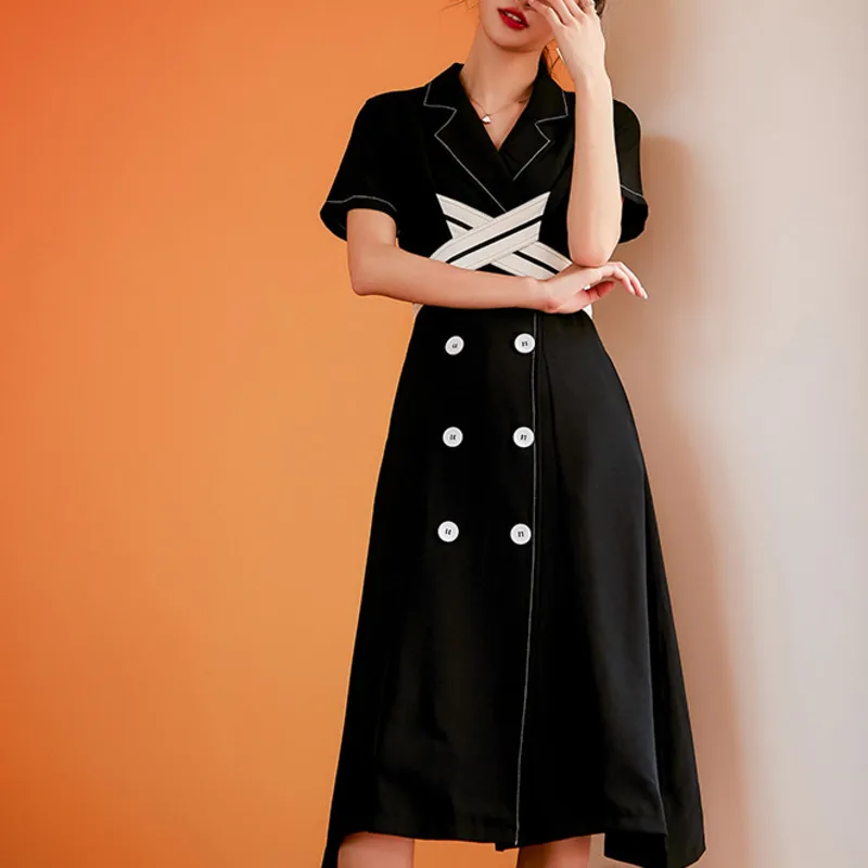 

LANMREM 2019 Summer New Casual Fashion Temperament Women Loose Plus Lapel Double-breasted Short-sleeved Dress TC615