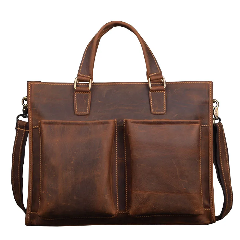 

2019 Business Genuine Leather Handbag Men bag Large Capacity Vintage Brown Natural Cow Leather Messenger bags 14" Laptop bags