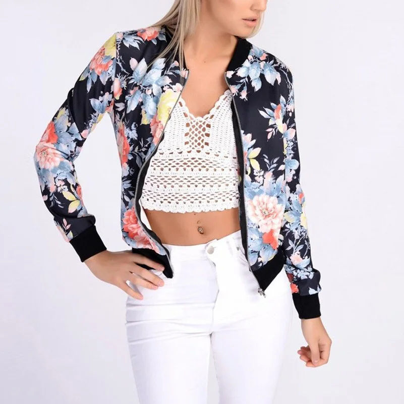

Women's Spring Coats Long Sleeve Zipper Multicolor Black Coat Floral Printed Casual Female Tops Outwear Bomber Jackets 2018