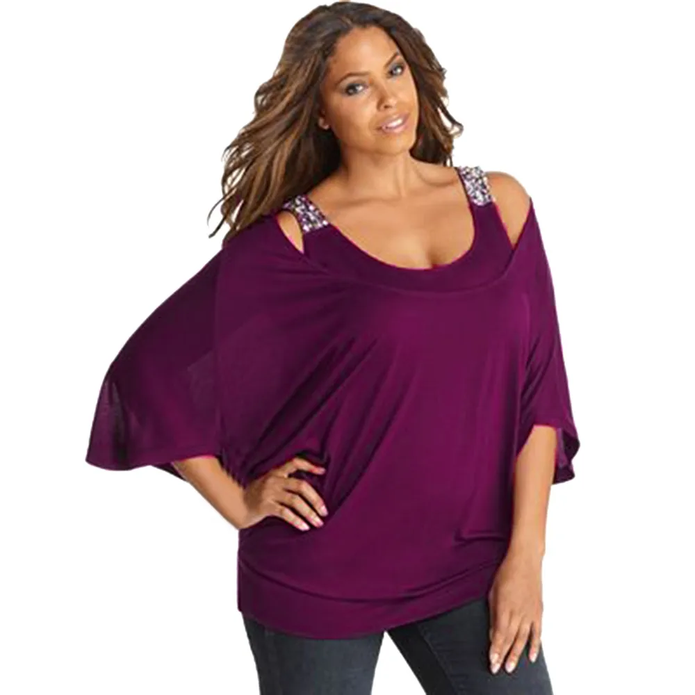 

New Women T-Shirt Fashion O-Neck Off Shoulder Sexy 3/4 Sleeve Tshirt Womens Top Tees Loose Casual Plus Size T-shirt Camiseta#Z25