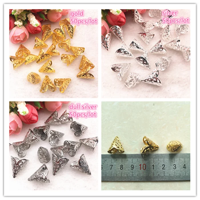 

50pcs/lot 15x17mm Vintage Filigree Metal Horn Hollow Flower Spacer Beads End Caps Pendant DIY Charms Connectors Jewelry