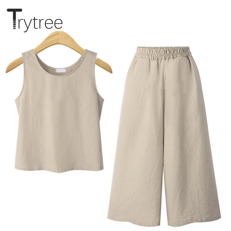 

Trytree Summer Women two piece Set Casual Solid Sleeveless Tops + Pants Elastic Waist Calf-Length Set High Street 2 Piece Set