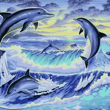 Бескаркасная картина на стену акриловая живопись по номерам Рисование по номерам уникальный подарок Раскраска по номерам дельфины прыжок 40x50 см