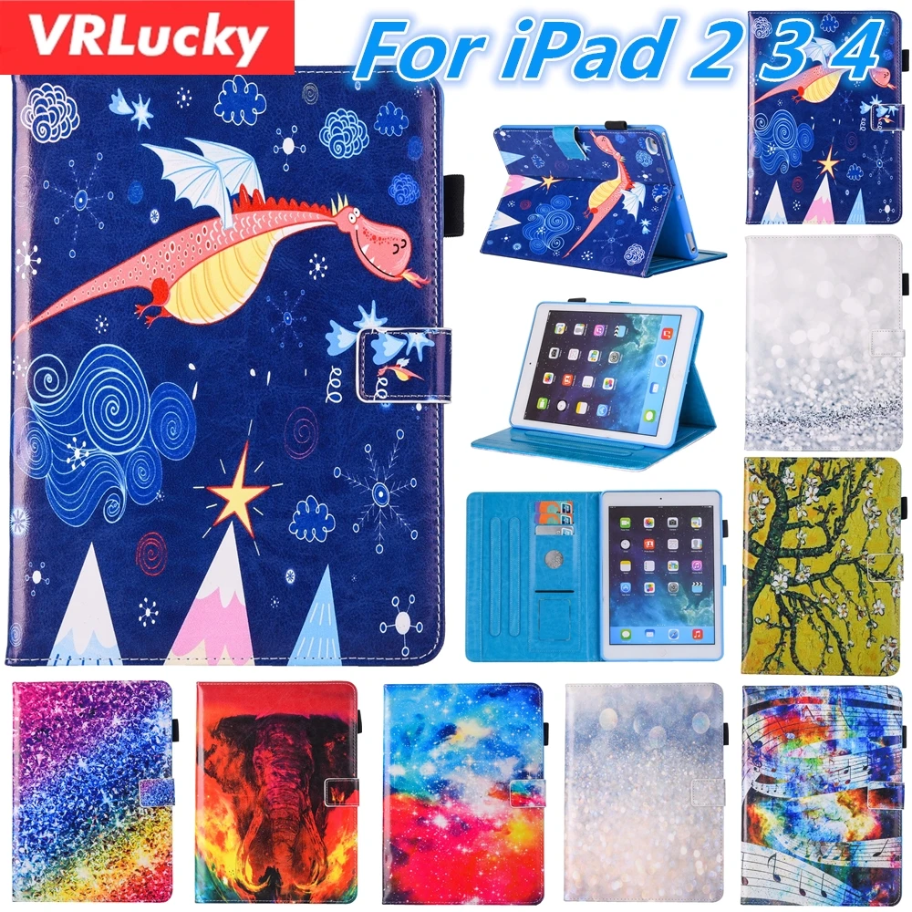 

VRLucky Fashion Color Painting Dragon Elephant Patterns Flip Cover and Stand PU Leather Case For For Apple iPad 2/3/4