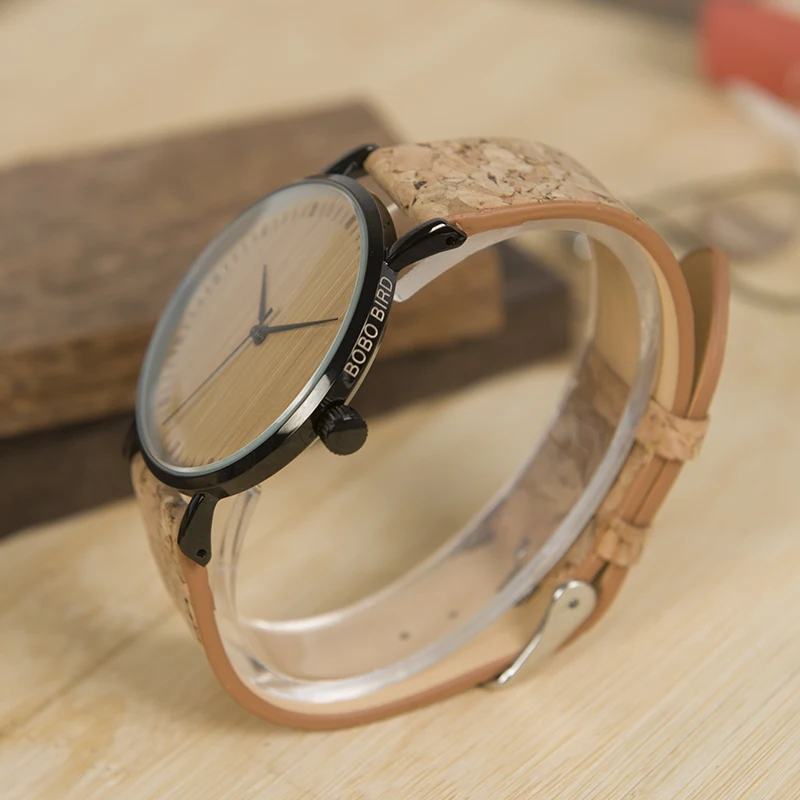 BOBO BIRD V-E19 Mens Bamboo Wristwatch Stainless Steel Case Bamboo Dial Quartz Watch Natural Cork Band orologi donna