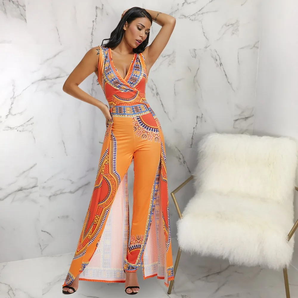 Women Fashion African Print Bodycon Pants Deep V-Neck Party Jumpsuits | Женская одежда