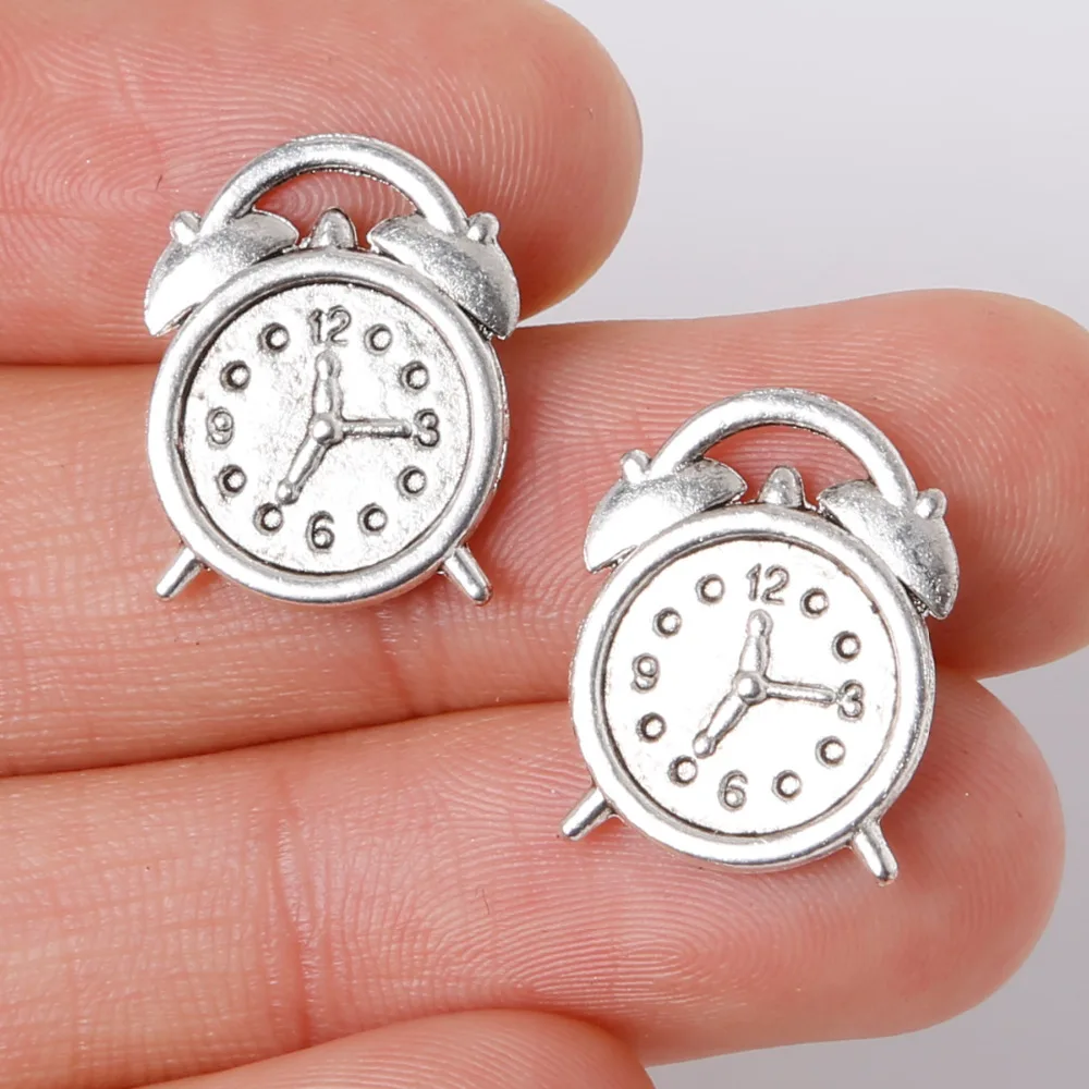 Alarm Clock 9pcs Charms Pendant 14x17mm Plated Silver Antique Zinc
