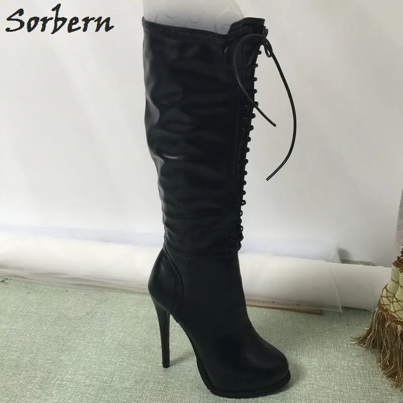 Sorbern/черные сапоги до колена; обувь на платформе; женские зимние сапоги на высоком каблуке с острым носком и боковой молнией; цвет на заказ; большие размеры 33-46 - Цвет: Черный