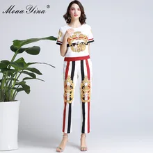 Модный дизайнерский комплект moaayina, весна-лето, женская рубашка с коротким рукавом, винтажный принт, вышивка бисером, топы+ брюки в полоску, костюм из двух предметов