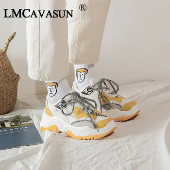 

LMCAVASUN Women's Platform Sneakers Leather Mesh Women Chunky Sneaker Fashion Thick Sole Woman Dad Shoes Ladies Flat Footwear