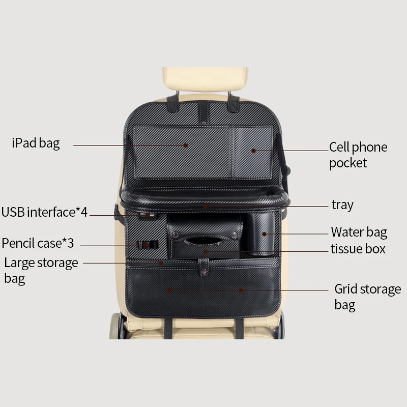 Backseat Bag 4 USB Car Organizer Charge Phone Stowing Tidying Storage Auto Accessories Back Seat Kid Table Drink Holder Travel