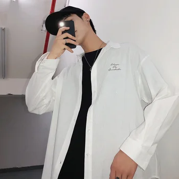 

2018 Korean Autumn New Men's Fashion Simple Letters Embroidery Lapel Blue/White Color Loose Casual Male Long Sleeve Shirts M-XL